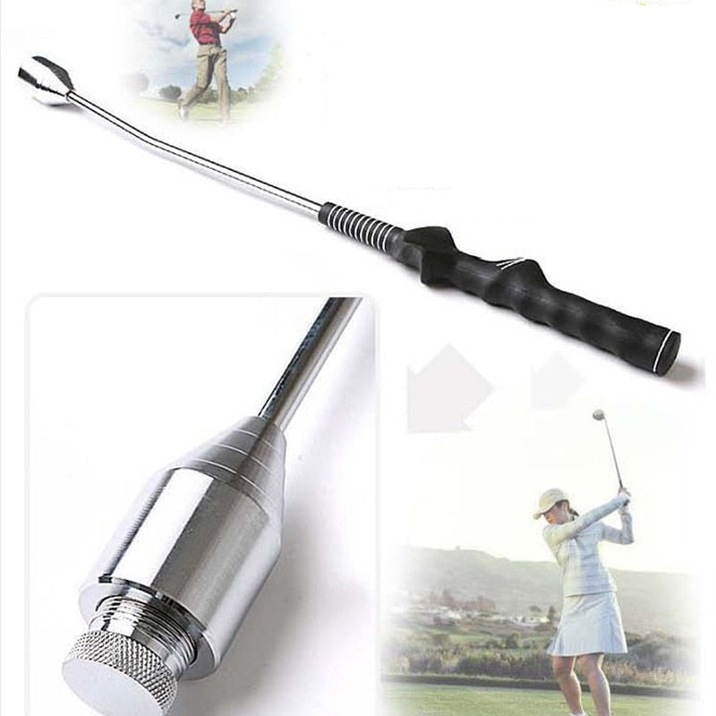 A collage of images showing a stainless steel auxiliary swing stick for golf. The swing stick has a black grip and a metallic head with a weight attached.