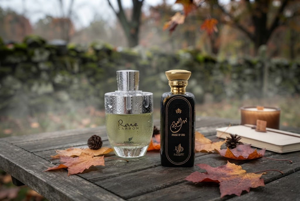 , Afnan Rare Carbon and Al Wataniah autumn fragrance bottles on rustic wood with fall leaves
