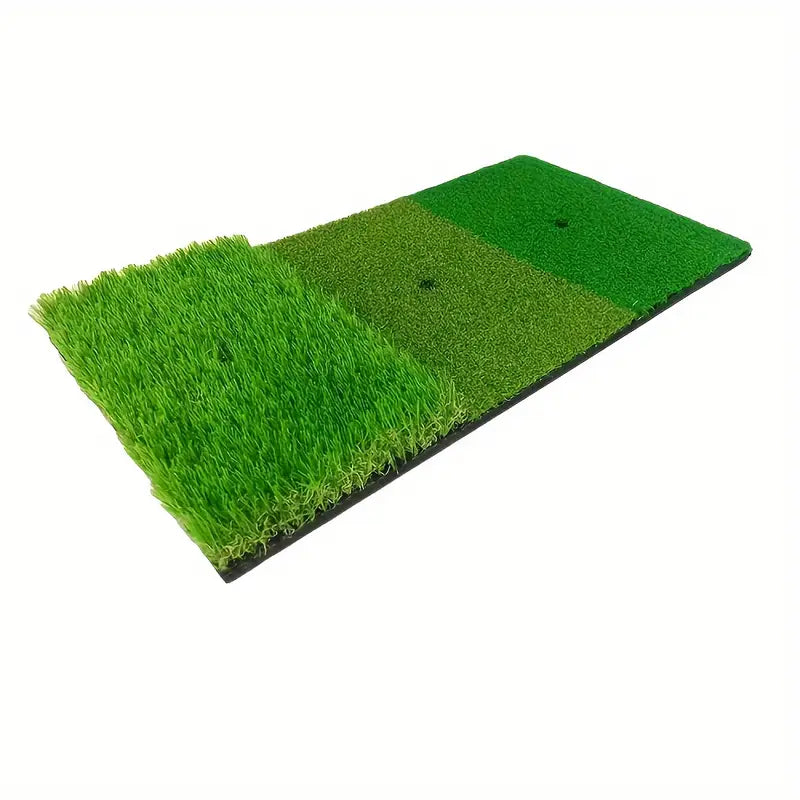 Golf practice mat with artificial grass surface and close-up of texture detail.