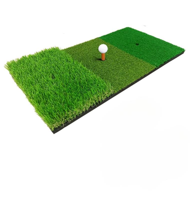 Golf practice mat with a golf ball and tee on a white background