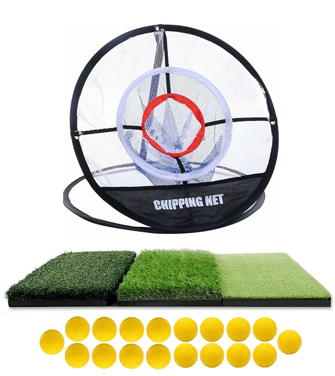Golf chipping net with foam balls and portable hitting mat.