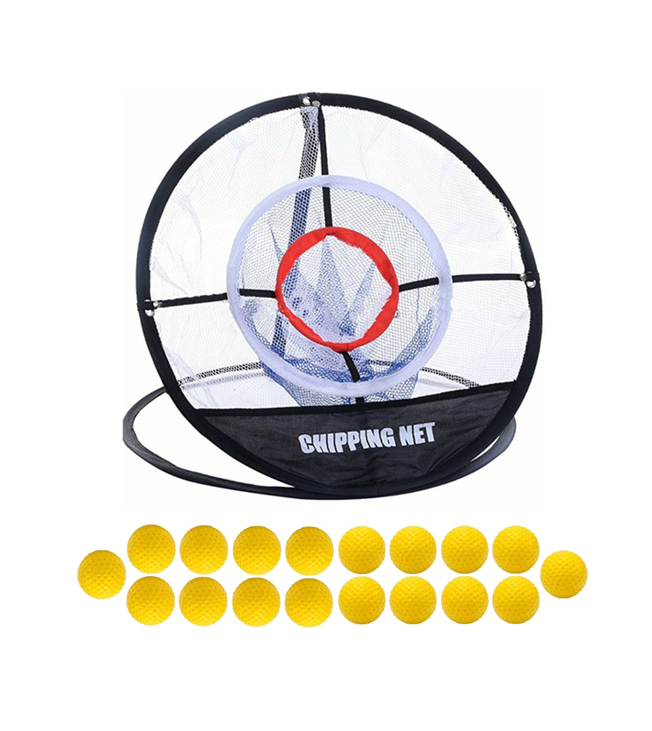 Golf chipping net with black strap on a white background