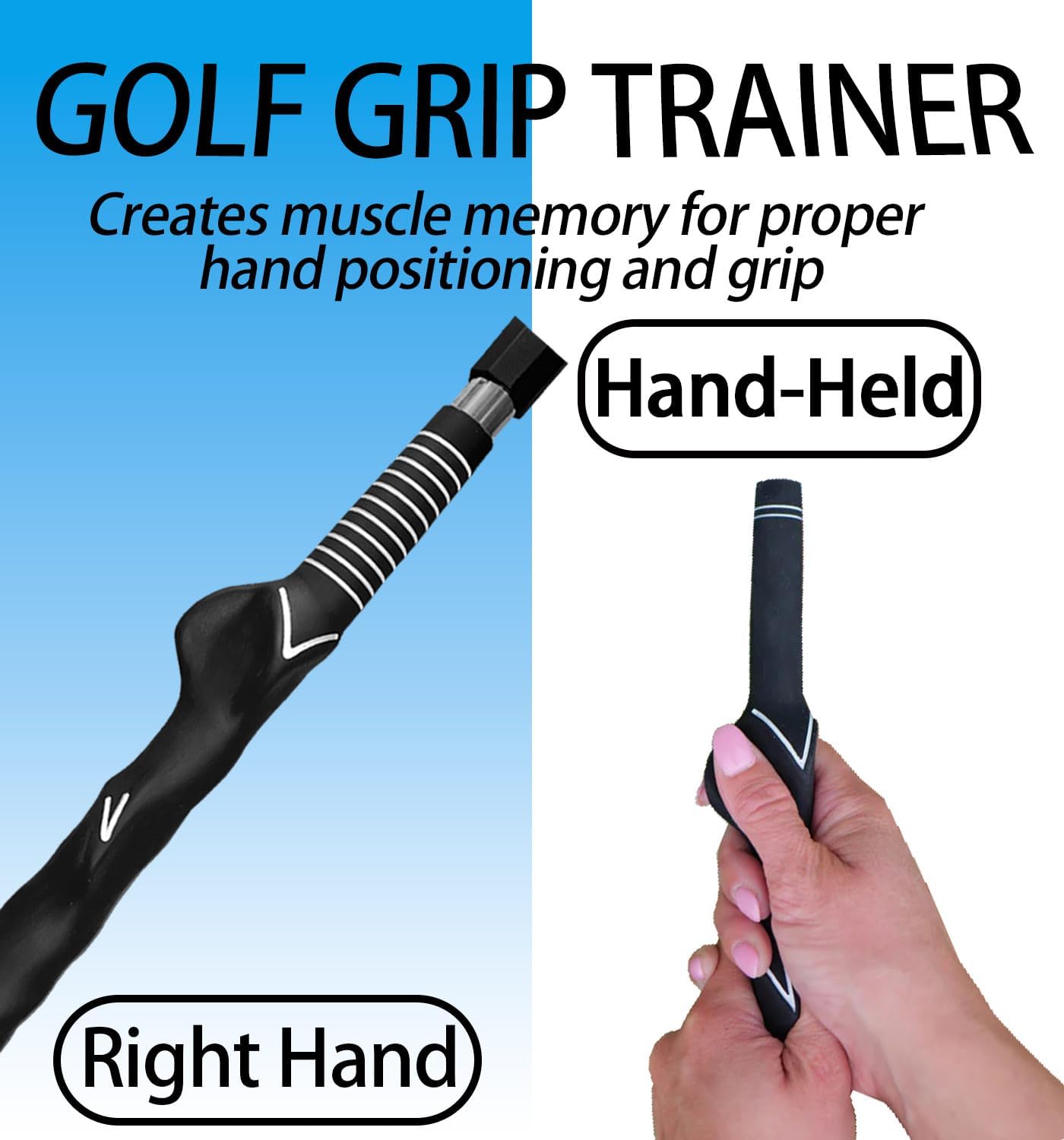 Golf grip trainer with text on a blue and white background