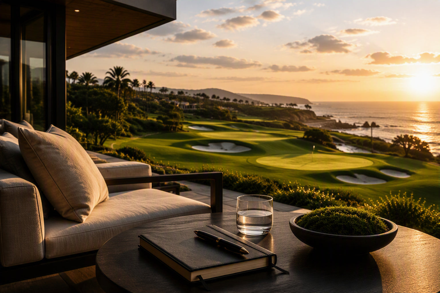 A luxury outdoor patio scene at sunset overlooking a golf course and ocean, with a cushioned sofa, round coffee table, glass of water, and a bowl of greenery in the foreground.
