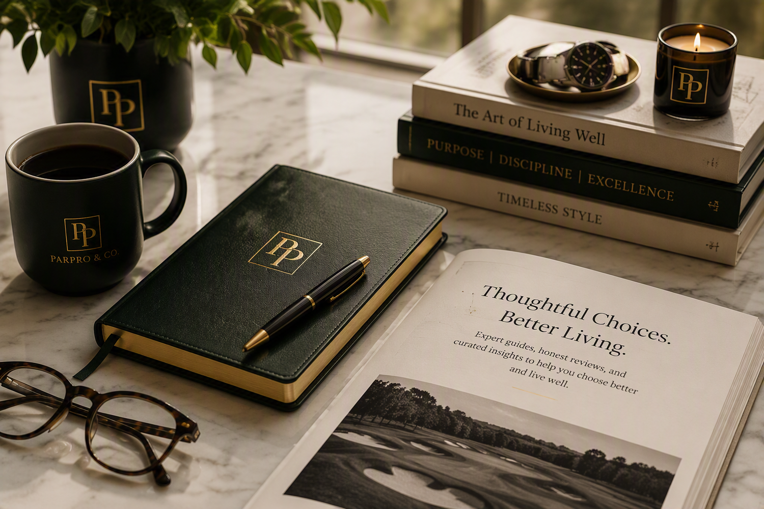 A styled desk scene with a dark green Parfums de Marly journal, matching black mug, eyeglasses, pen, stacked books, and a candle on a marble surface.