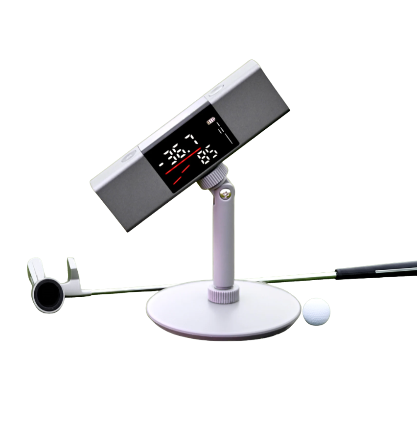 Golf swing putt analyzer with digital display on a white background