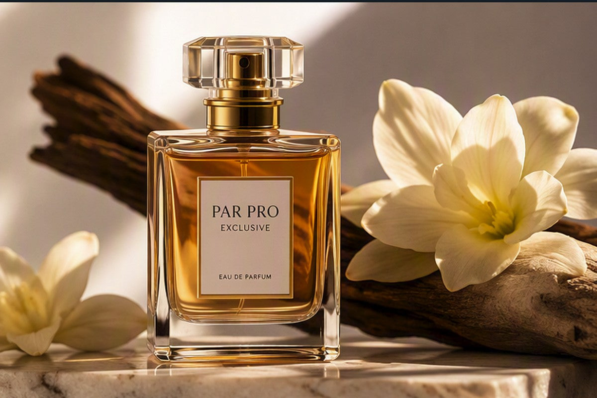A rectangular glass perfume bottle with amber liquid and a gold cap, labeled 'PAR PRO EXCLUSIVE', styled on a marble surface with white flowers and dried wood in a warm indoor setting.
