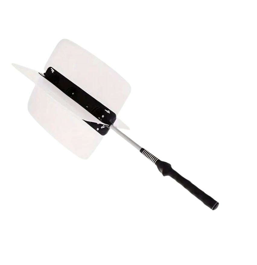 A Pinwheel Training Grip for golf, featuring a V-shaped design with a black and white color scheme, constructed from plastic and rubber hand grip, designed for increasing swing speed and power.
