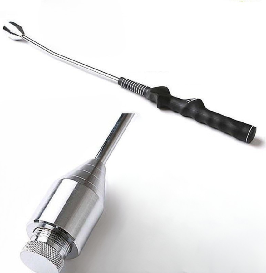 Metallic golf training tool with a black handle on a white background with weighted end