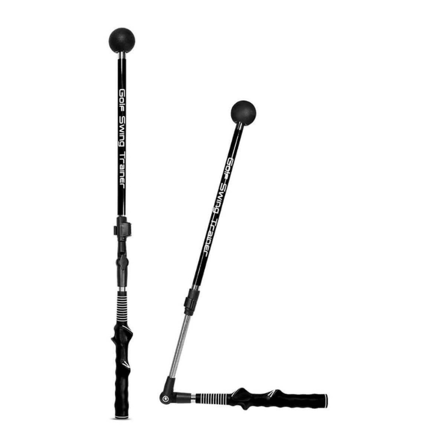 Two black adjustable golf swing trainer on a white background