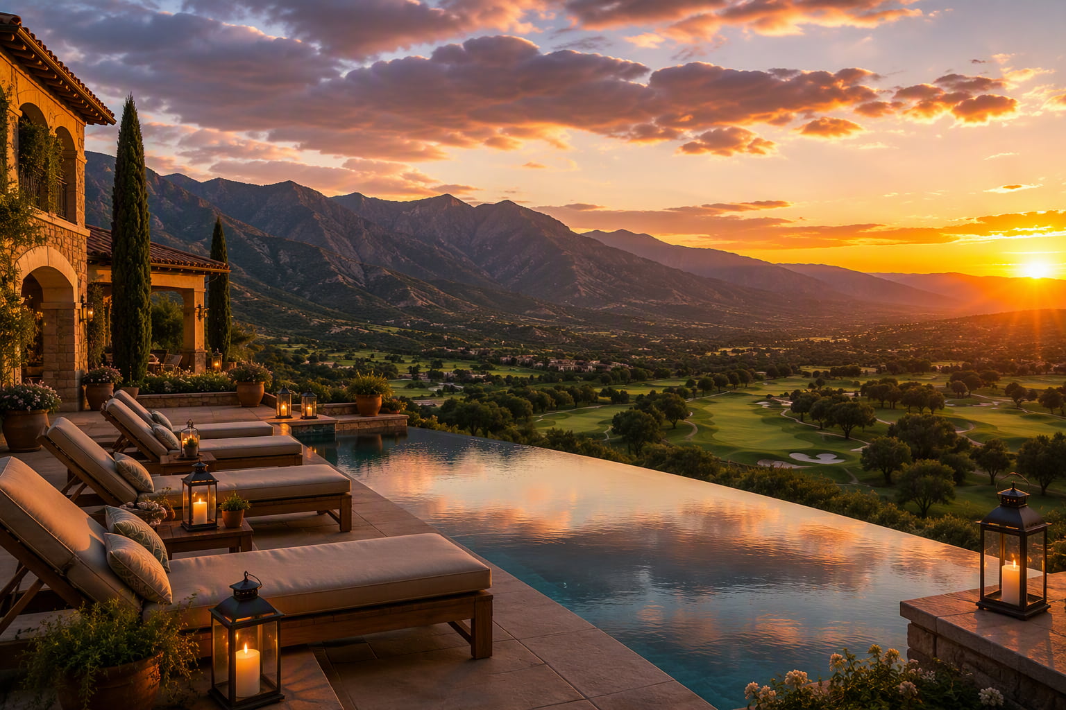 Luxury resort poolside at sunset with lounge chairs, lanterns, mountains, golf fields, and a warm orange sky.