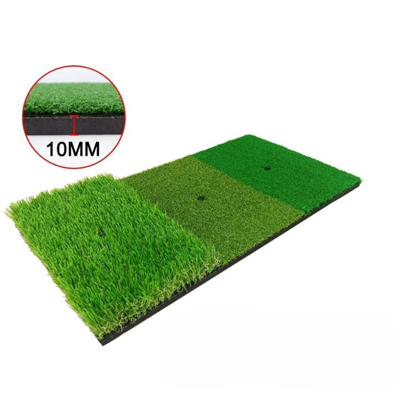 Golf practice mat with artificial grass surface and close-up of texture detail.