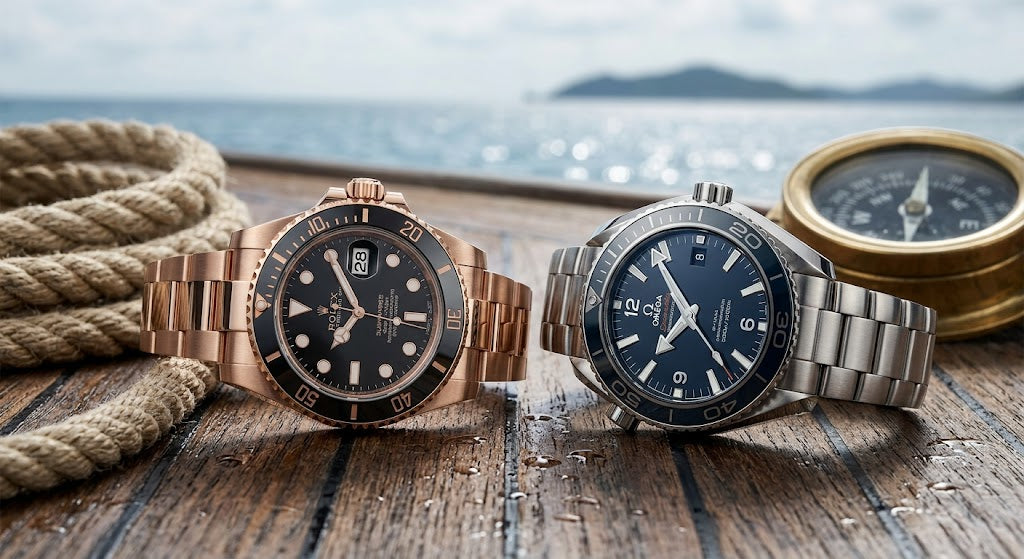 Two wristwatches displayed on a wooden surface with a rope coil, a brass compass, and an ocean backdrop. One watch has a rose gold case and black dial, and the other has a silver stainless steel case and blue dial.
