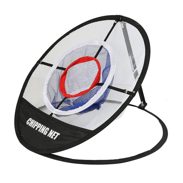 Golf chipping net with black strap on a white background