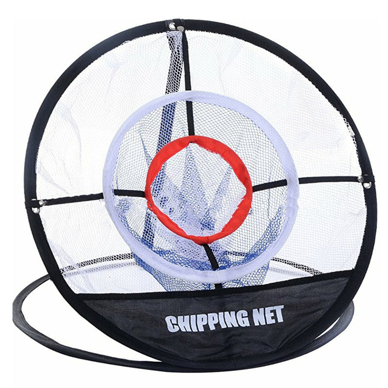 Golf chipping net with black carrying strap on a white background