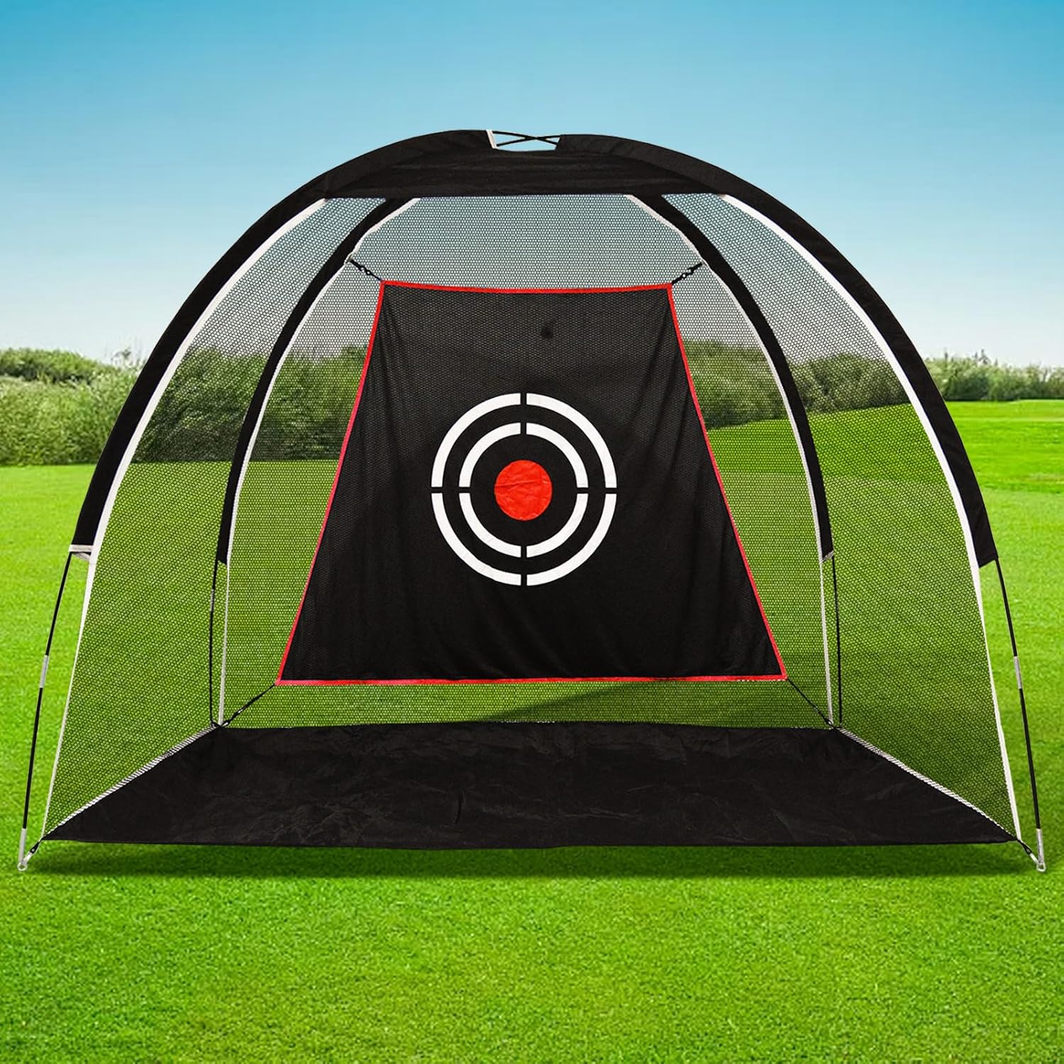 Golf practice net with target design on a grassy field