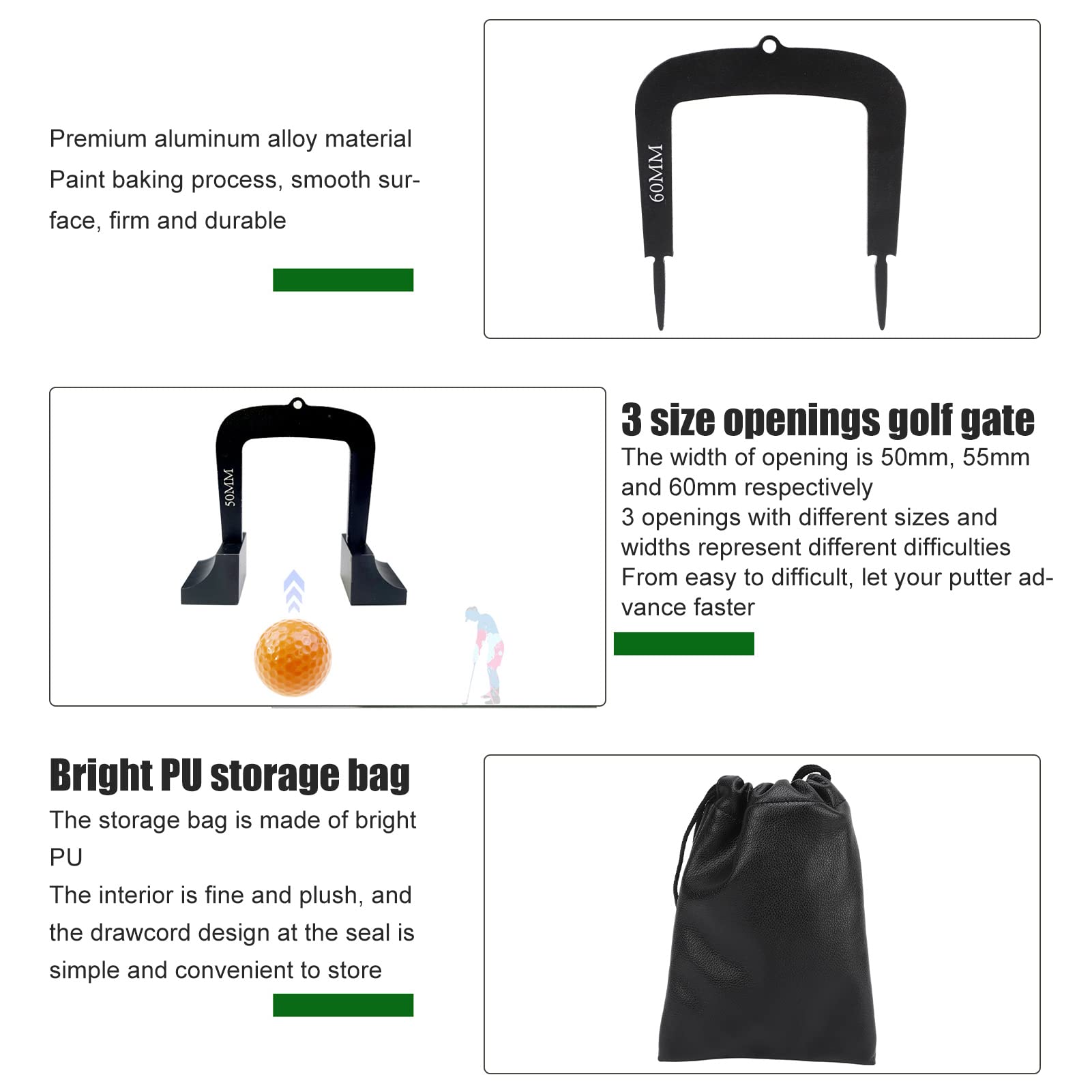 Golf training aid with features highlighted on a white background