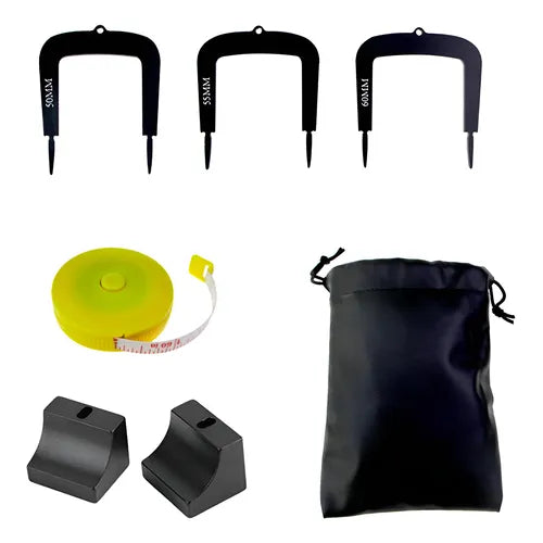 Set of black putting trainer gates , a tape measure, and a black drawstring bag on a white background.