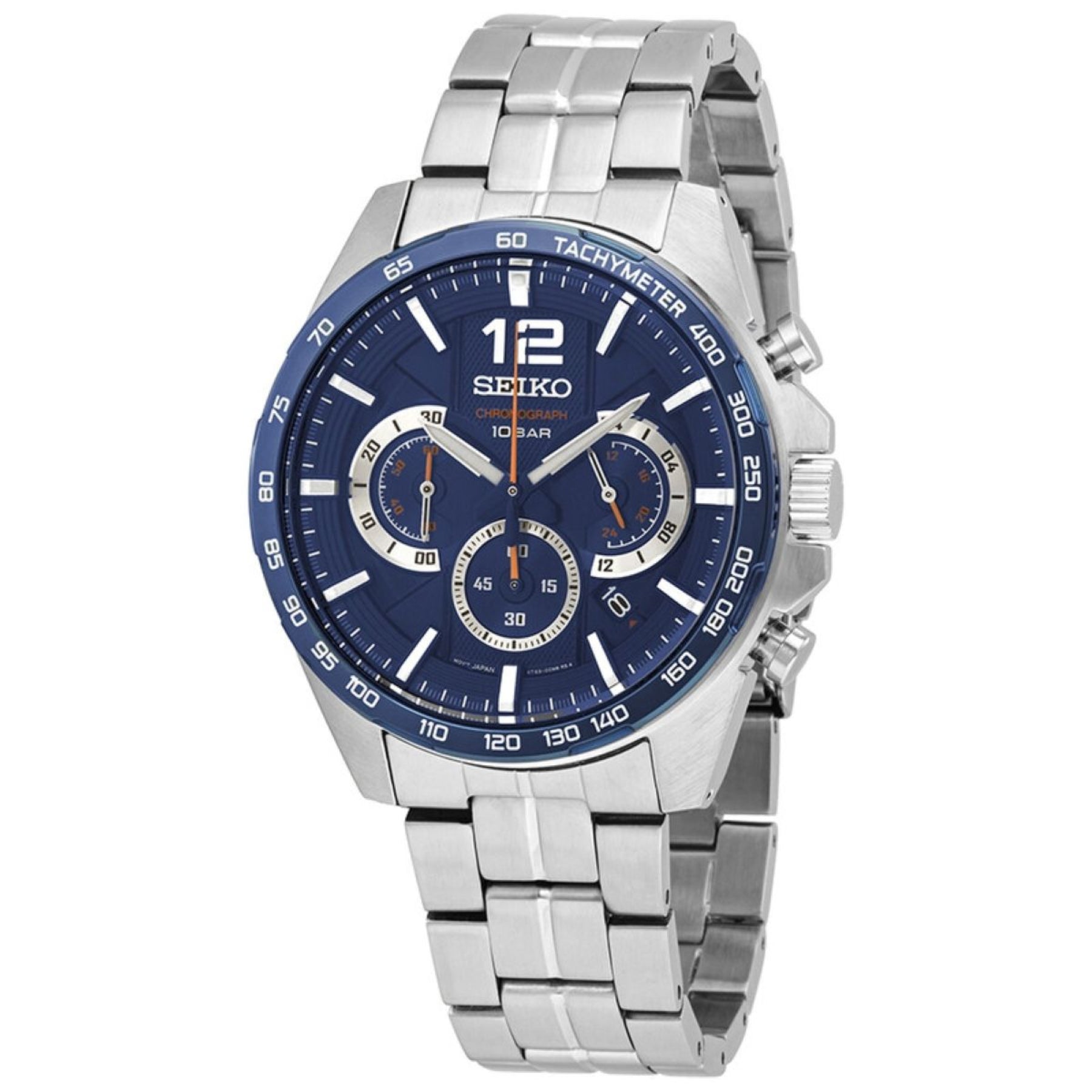 Seiko watch with blue dial and silver metal bracelet on a white background