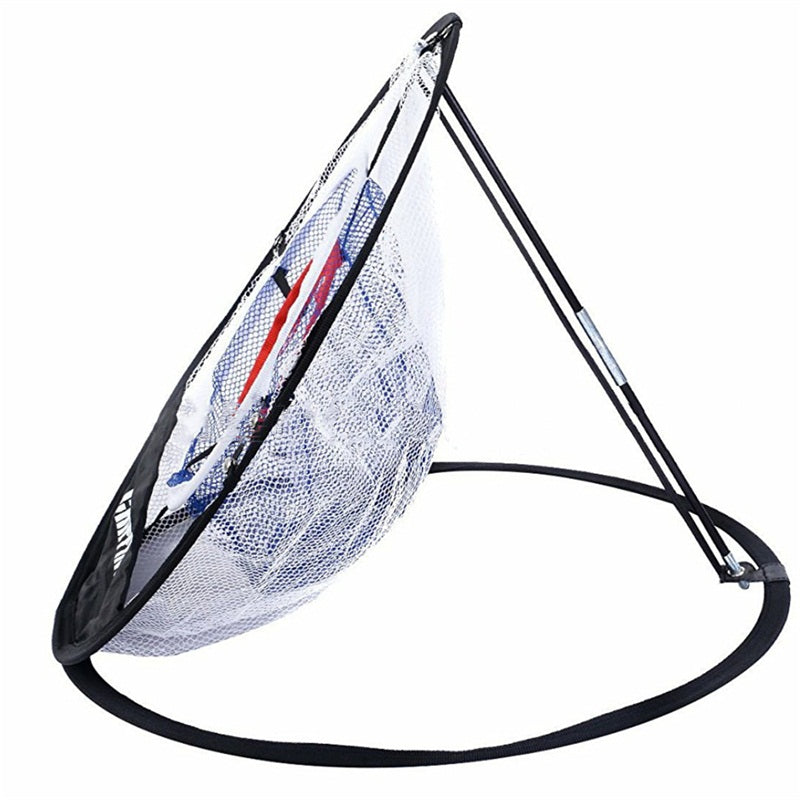 Golf chipping net with black strap on a white background