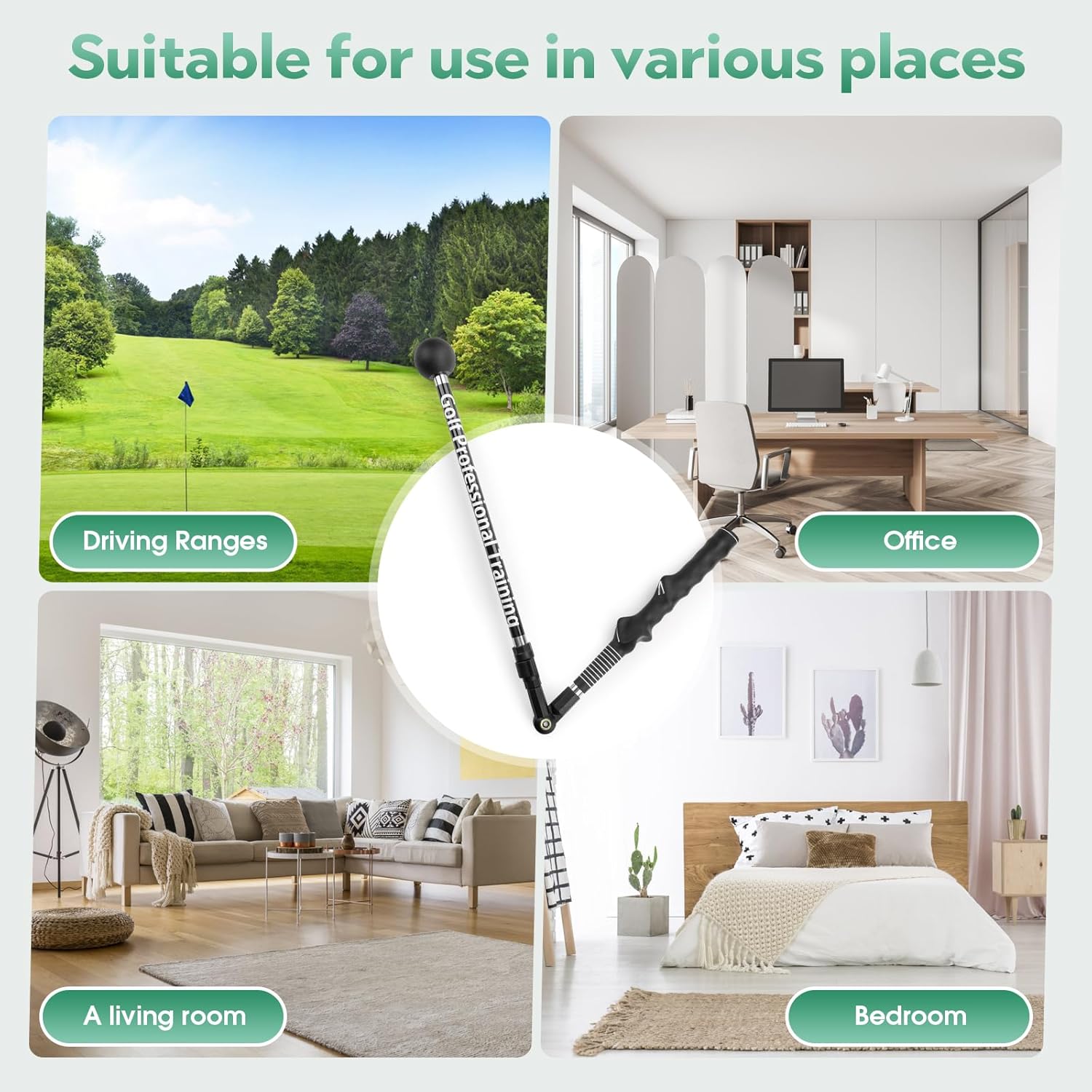 Golf club with labels for driving ranges, office, living room, and bedroom.